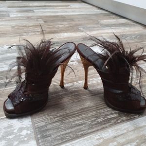 Donna Karan brown shoes with feathers